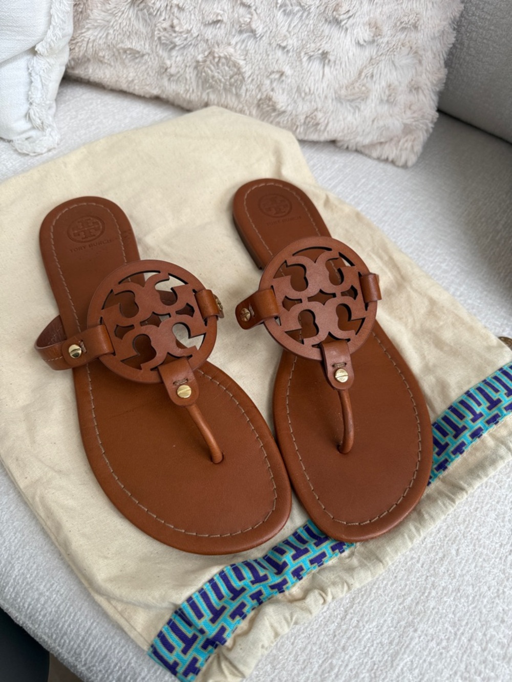 Tory Burch Brown Leather Logo Cutout Thong Sandals